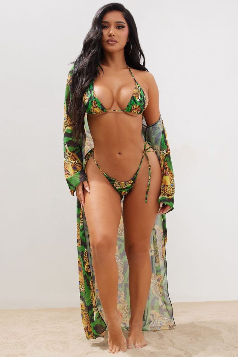 Leopard Green 3 piece bikini/coverup set